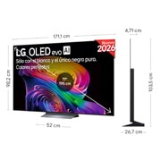 LG OLED evo AI C6 shown in front and side views highlights a 77-inch display with a 1711 mm-wide screen, an overall height of 982 mm, and an ultra-slim 47.1 mm depth without a stand.